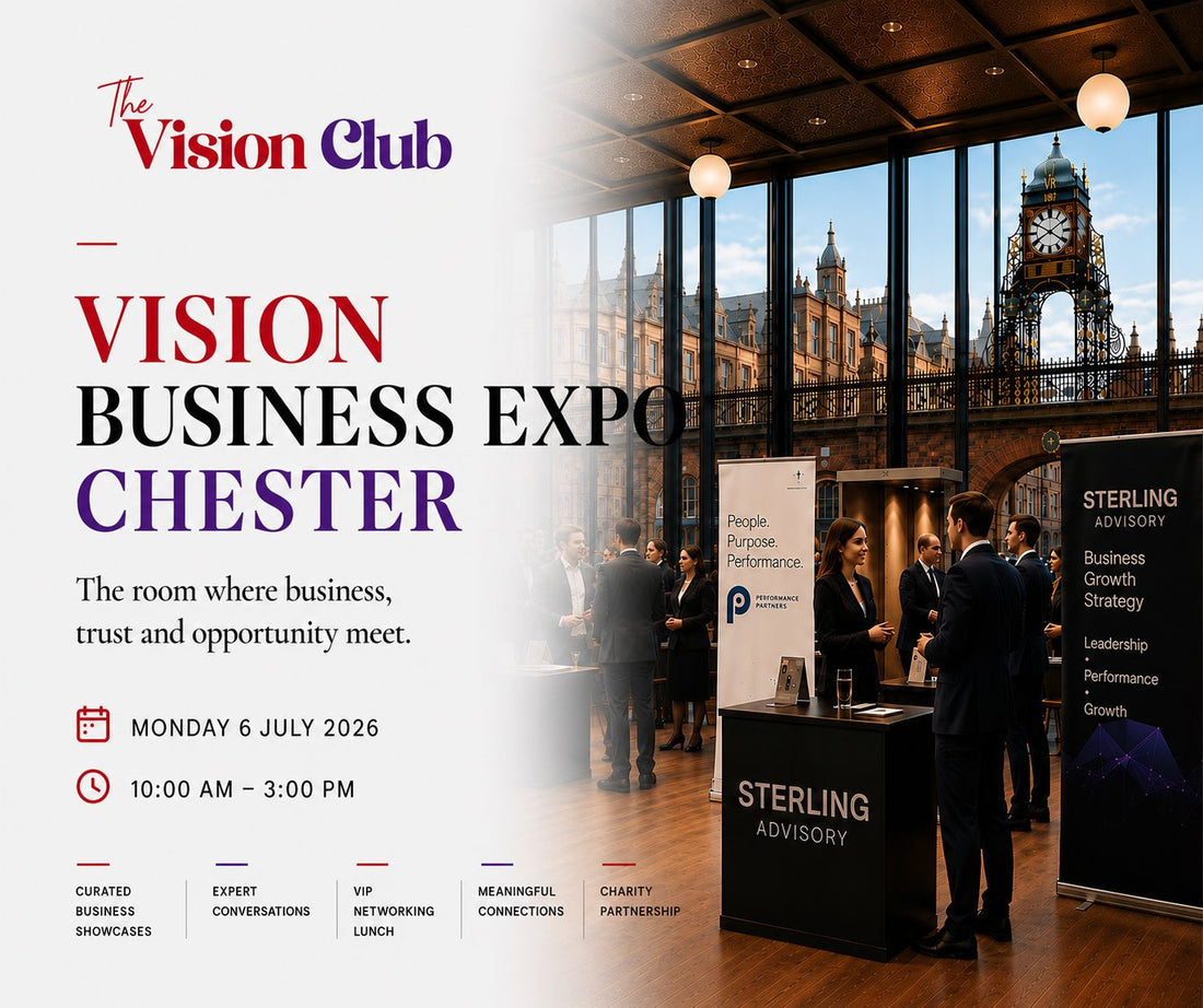 Vision Business Expo Chester event poster with people networking in a room.